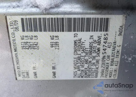 2009 Nissan Altima z USA, uszkodzony, nr VIN 1N4AL21F09N547485